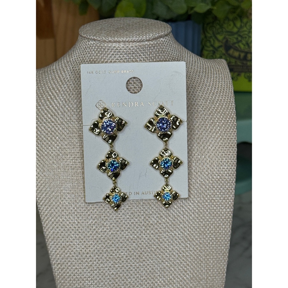 Kendra Scott Womens Drop Earrings Gold Blue Purple Floral Statement‎ Wedding OS
